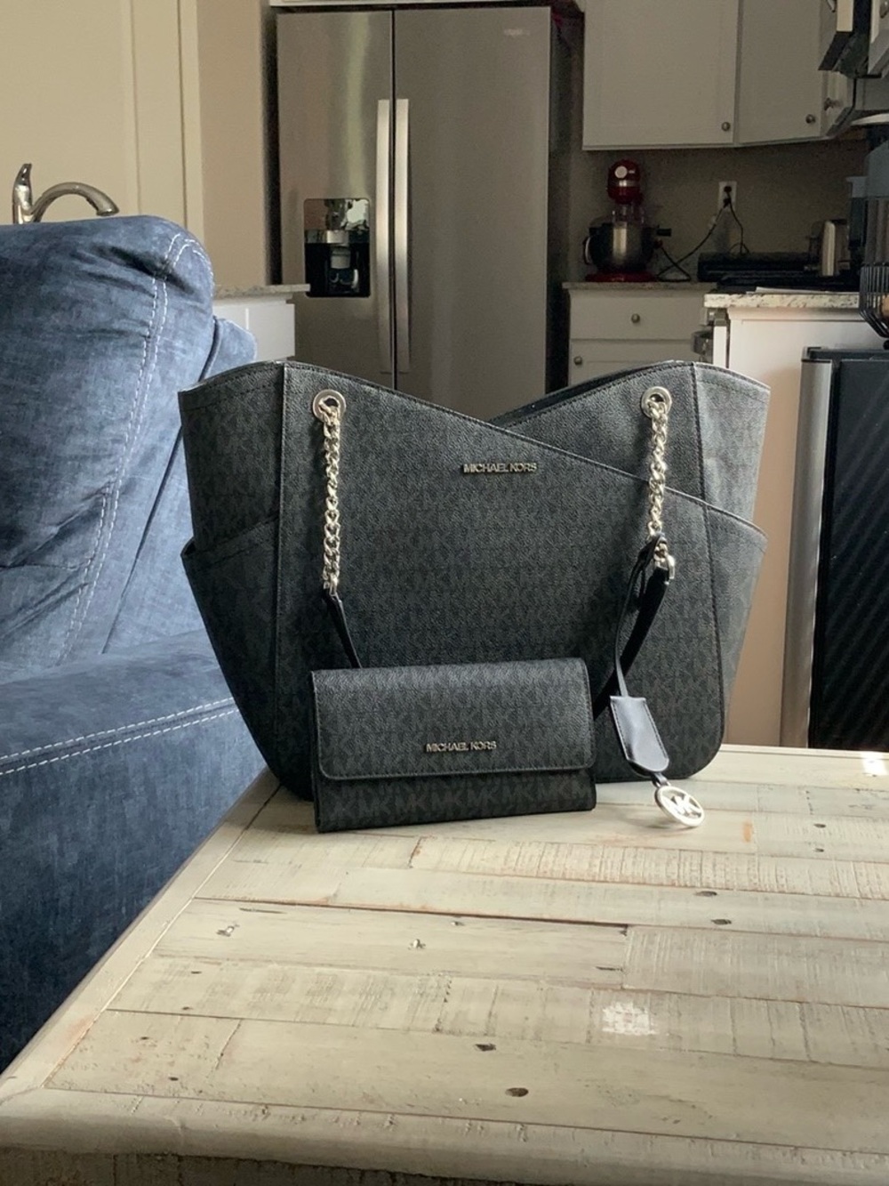 Michael Kors Gray Logo Chain-Handle Tote with Matching Wallet